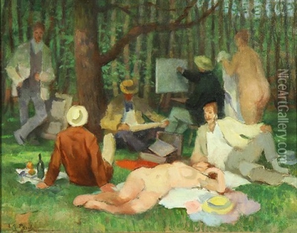 Study Of A Picnic In The Woods With Artists And Models Oil Painting - Elie Anatole Pavil