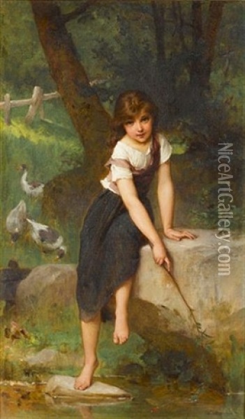 Fishing For Minnows Oil Painting - Emile Munier