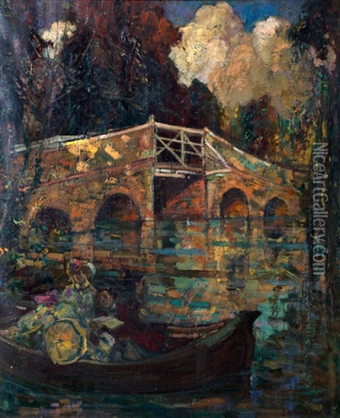 Bridge Over River Oil Painting - John Henry Amshewitz