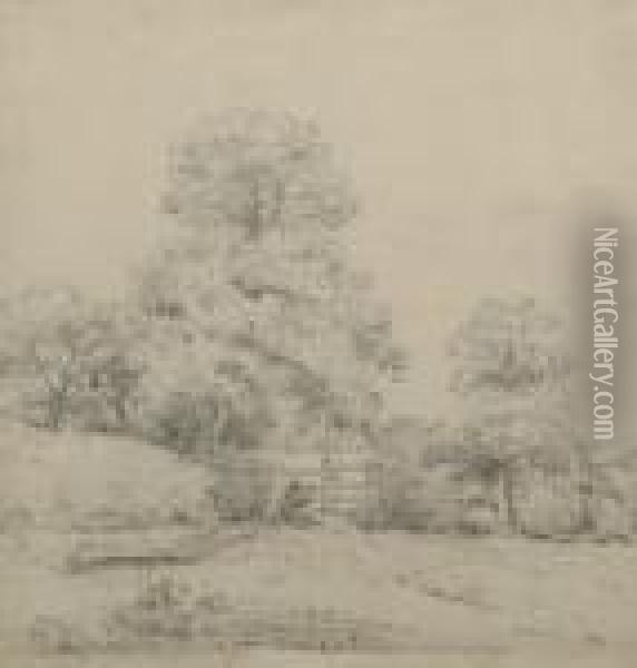 Figures By A Gate With Woodland;
 Pencil, 27x25cm. Provenance: With The Squire Gallery, London According 
To Label Attached To The Reverse Oil Painting - John Crome