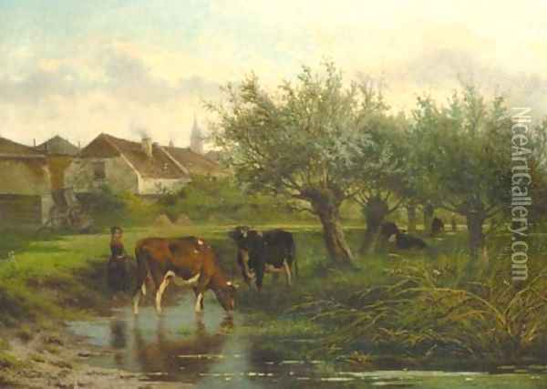 A cowherdess watering cows by willow trees Oil Painting - Jan Volijk
