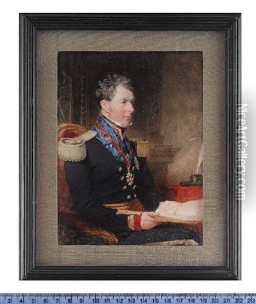 A Member Of The Diplomatic Service, Seated Before A Fireplace And Overmantle Mirror, A Quill And Ink Pot On A Table To His Left, Holding Papers Oil Painting - Samuel Lover