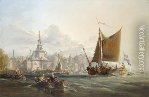 Dutch Vessels Leaving Harbour - Rotterdam In The Distance Oil Painting - George Cambers
