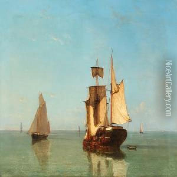 Calm Summer Day With Sailing Ships At Sea Oil Painting - Joannes Frederick Schutz