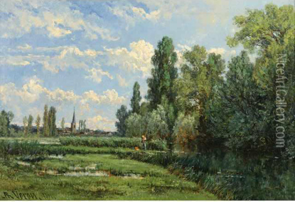 Pecheur Au Bordde L'etang Oil Painting - Alexandre Rene Veron
