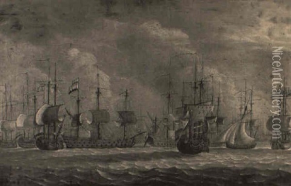 Dutch And British Frigates At Sea Oil Painting - Willem van de Velde the Elder