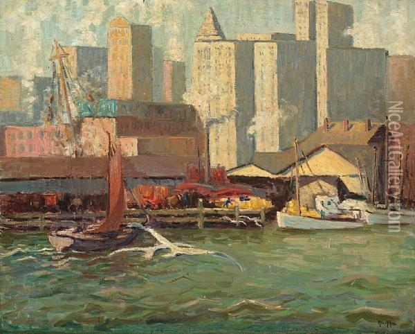 East River View (fulton Fish Market) Oil Painting - Alice Hirsh