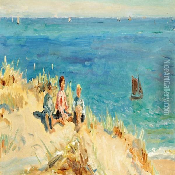 View Of Skagen With Three Boys On The Beach On A Summer Day Oil Painting - Laurits Regner Tuxen