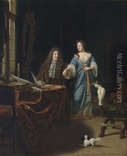 A Portrait Of An Elegant Couple Behind A Table In An Elaborate Interior Oil Painting - Michiel van Musscher