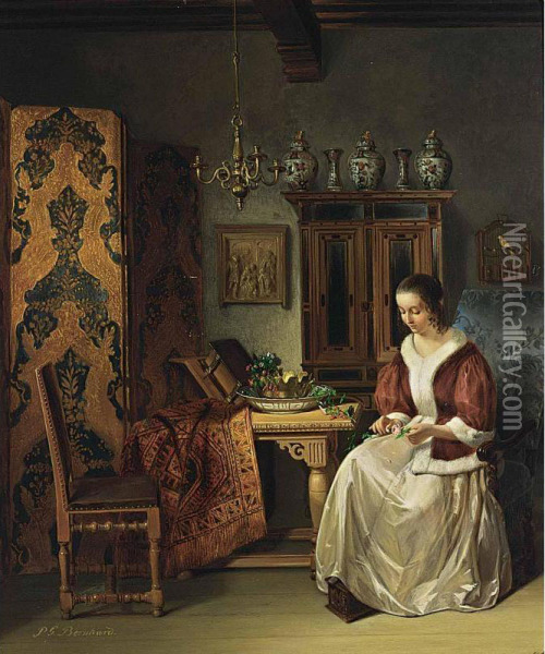 An Elegant Lady In An Interior Oil Painting - Pieter Gerardus Bernhard