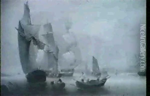 Fishing Boats And Sailing Vessels In An Estuary Oil Painting - Thomas Luny