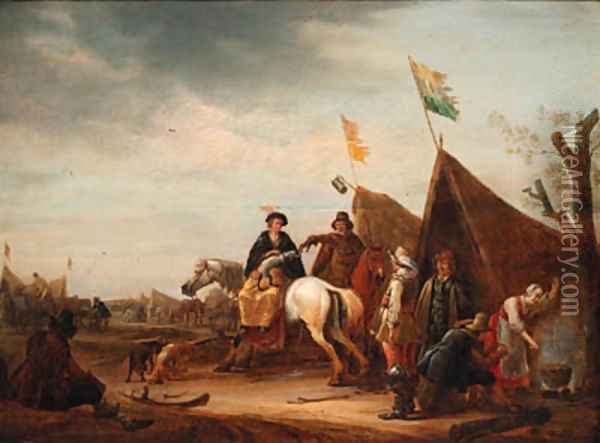 A military encampment with a lady on horseback before a tent Oil Painting - Jacob Martsen de Jonge