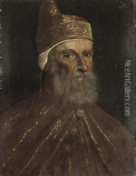 Portrait Of A Doge, Head And Shoulders, Probably Doge Francesco Donato (1468-1553) Oil Painting - Domenico Morone