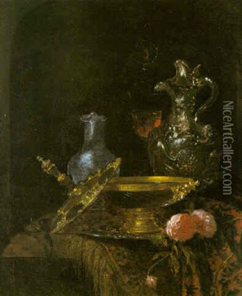 Still Life Of Silver And Other Objects Displayed In A Niche Partly Draped With A Carpet Oil Painting - Willem Kalf