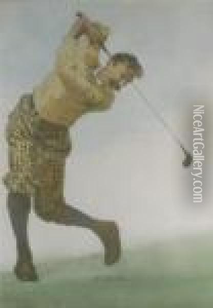 Coloured Print Of A Golfer Oil Painting - Arthur Burdett (Sr.) Frost