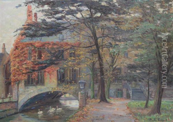 Beguinage With Canal Oil Painting - Paula Evrard