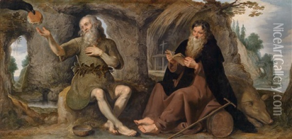 Die Heiligen Eremiten Antonius Abbas Und Paulus Im Gesprach, Ein Rabe Bringt Ihnen Das Doppelbrot Oil Painting - Caspar de Crayer