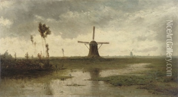 Windmills In A River Landscape Oil Painting - Paul Joseph Constantin Gabriel