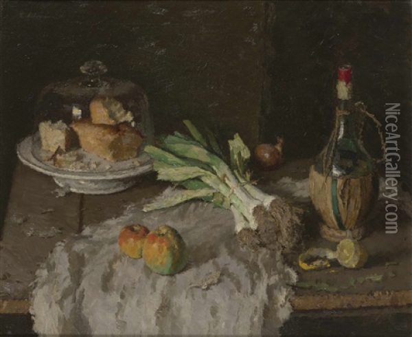Still Life With Bell-glass, Leek And Wine Bottle Oil Painting - Ludwig Muhrmann