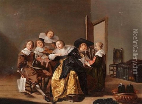 An Elegant Company Making Music In An Interior Oil Painting - Pieter Jacobs Codde