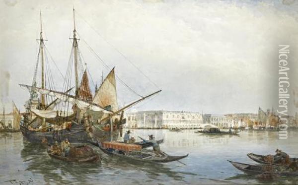 Boats In The Bacino Di S.marco, Venice, With The Doge's Palace Beyond Oil Painting - Thomas Bush Hardy