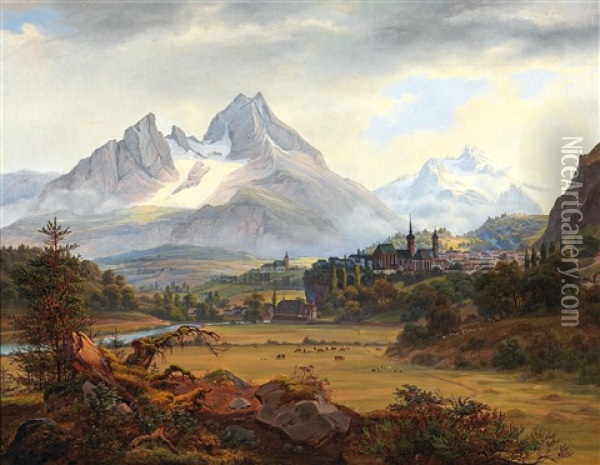 View Of Berchtesgaden With The Watzmann Glacier Oil Painting - Frederik Hansen Sodring