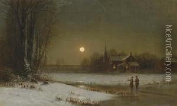 Moon Over The Skating Pond Oil Painting - Clinton Loveridge