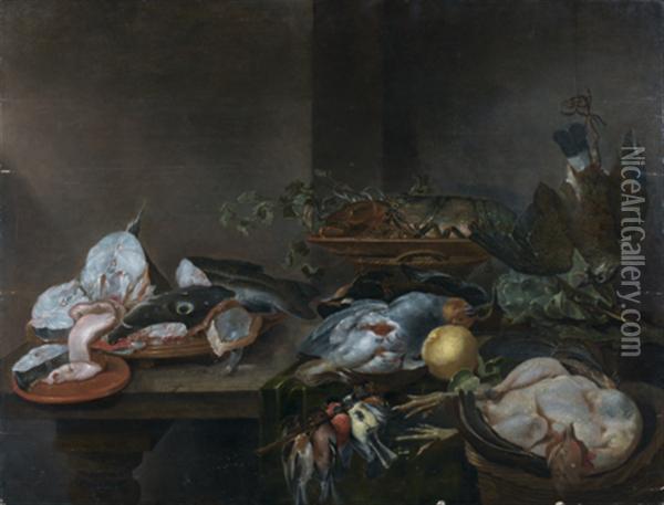 Nature Morte Aux Poisson, Volaille, Homard, Vaneau, Perdreaux Oil Painting - Alexander Adriaenssen