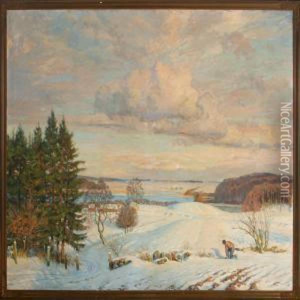 Winter Scenery With Figure Oil Painting - Borge C. Nyrop