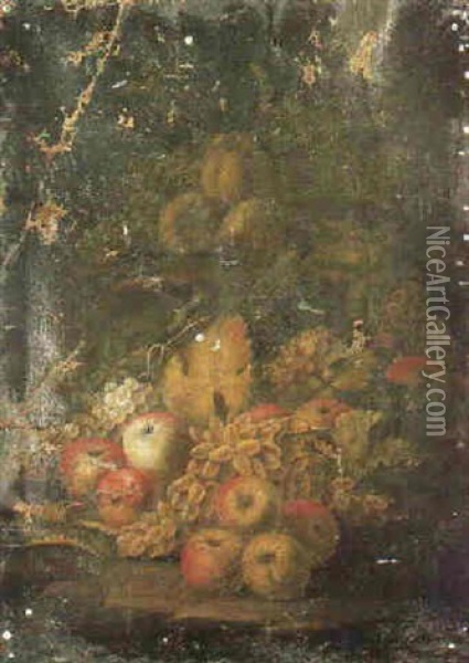 Still Life Of Fruit Scattered On The Ground Oil Painting - Michelangelo di Campidoglio