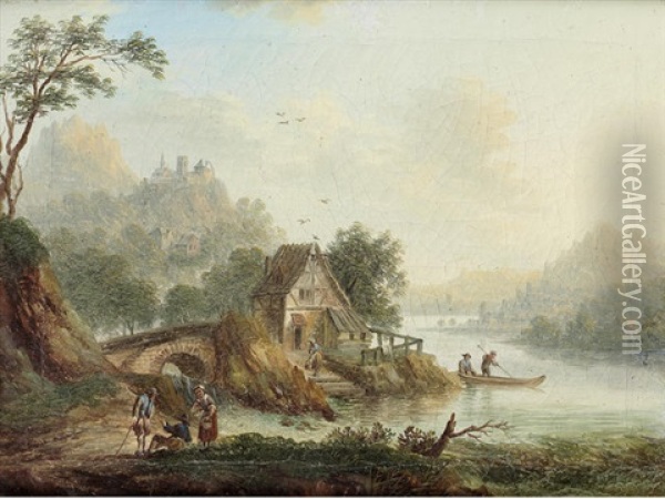 An Extensive River Landscape With Travellers Resting Before A Cottage (+ Travellers Before A Walled Town In An Italianate Landscape; Pair) Oil Painting - Christian Georg Schuetz the Younger