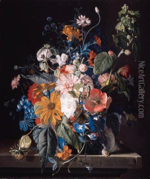 Poppies, Hollyhock, Morning 
Glory, Viola, Daisies, Sweet Pea,marigolds And Other Flowers In A Vase 
With A Snail On A Ledge Oil Painting - Jan Van Huysum