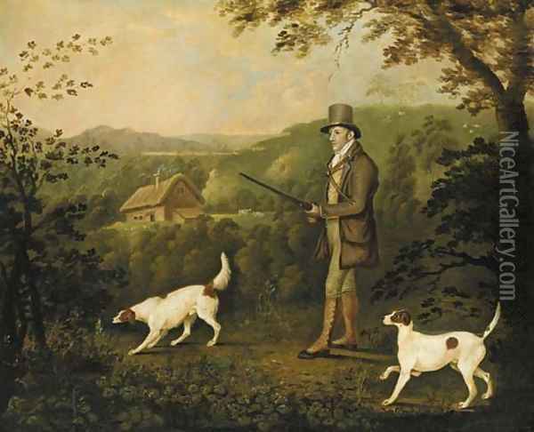 A gentleman out pheasant shooting with two pointers Oil Painting - Clifton Tomson