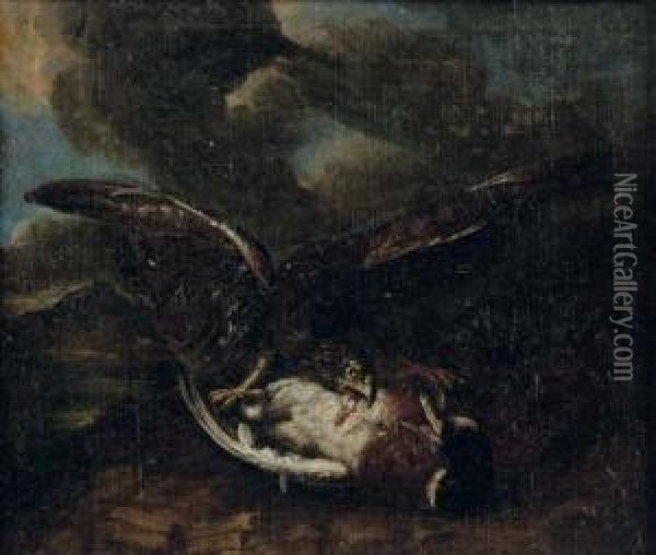 A Bird Of Prey Attacking A Duck Oil Painting - Abraham Hondius