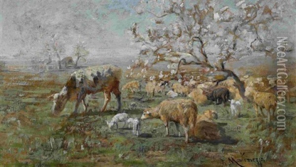 Weidendes Vieh In Fruhlinglandschaft Oil Painting - Antonis Matteo Montemezzo