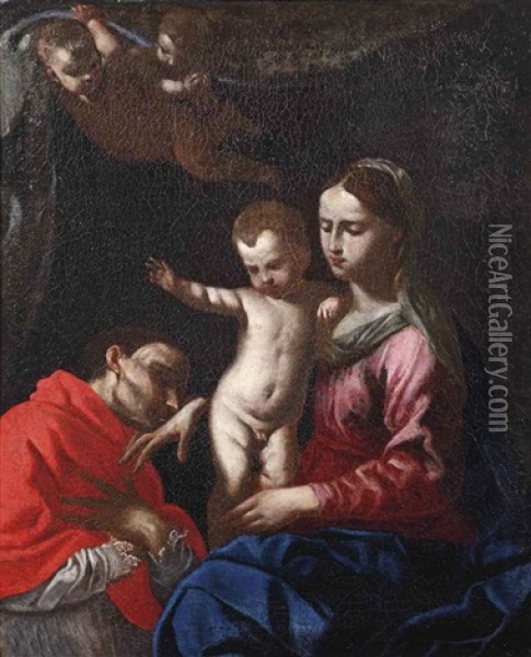 The Madonna And Child With Saint Carlo Borromeo Oil Painting - Simone Cantarini