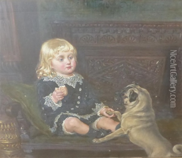 Portrait Of Aa Wilson (of Durham) As A Boy Seated On A Settle With A Pug Oil Painting - Ralph Hedley