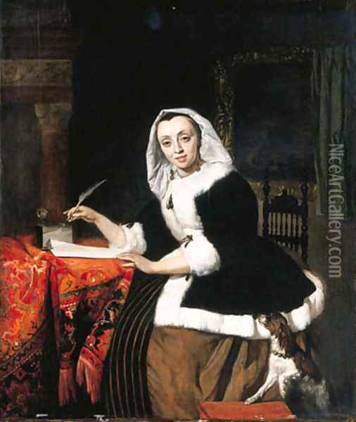 An elegant lady writing at her desk, with a dog beside her Oil Painting - Gabriel Metsu