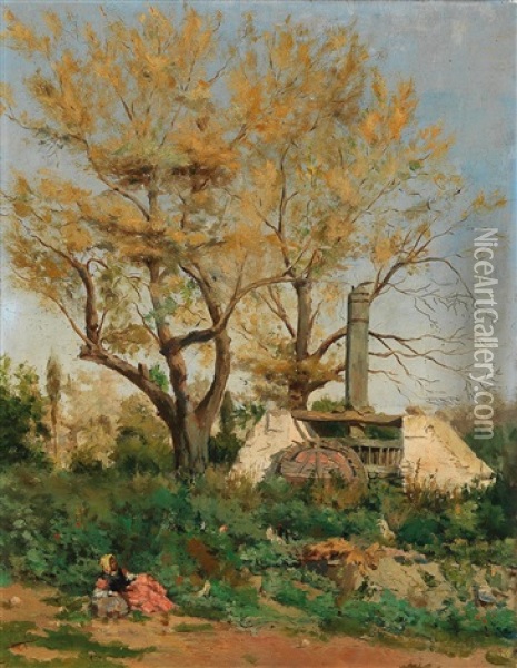 Short Rest With An Oil Mill In The Background Oil Painting - Giuseppe Amadio Riva