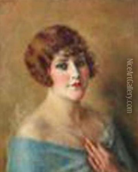  Portrait D'une Elegante A La Robe Bleue  Oil Painting - Charles Francois Prosper Guerin