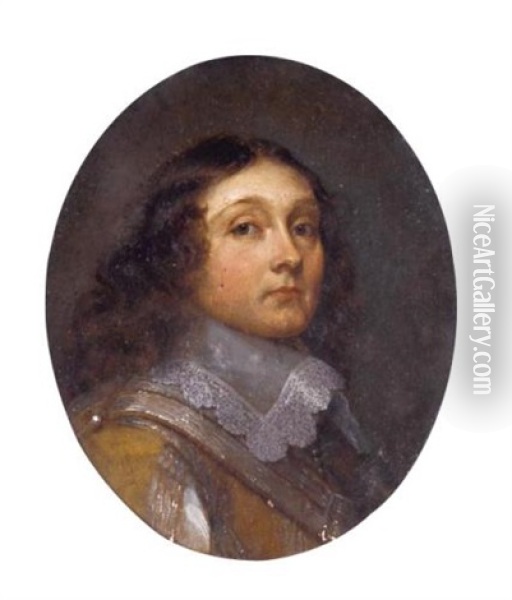 Portrait Of A Gentleman, Head And Shoulders, Long Curling Brown Hair, Wearing A Light Brown Doublet With Deep Lace Falling Collar, Oil Painting - Cornelis Jonson Van Ceulen