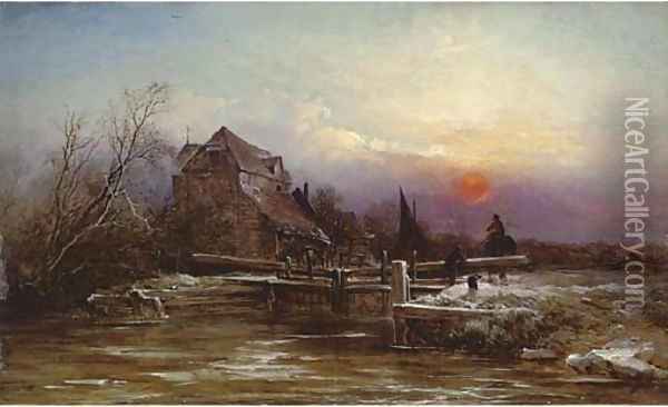 A lock in winter, sunset Oil Painting - George Augustus Williams