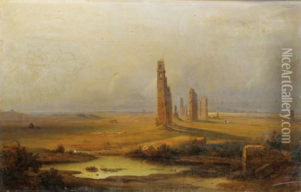 Vue D'un Aqueduc En Ruines Oil Painting - Rudolf Johan Buhlmann