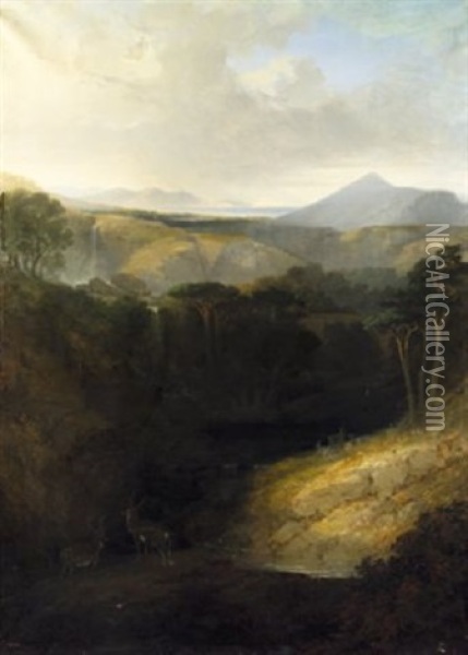 The Waterfall At Powerscourt & Sugar Loaf With Extensive View Towards Dalkey Island Oil Painting - George Frederick (Sir) Hodson