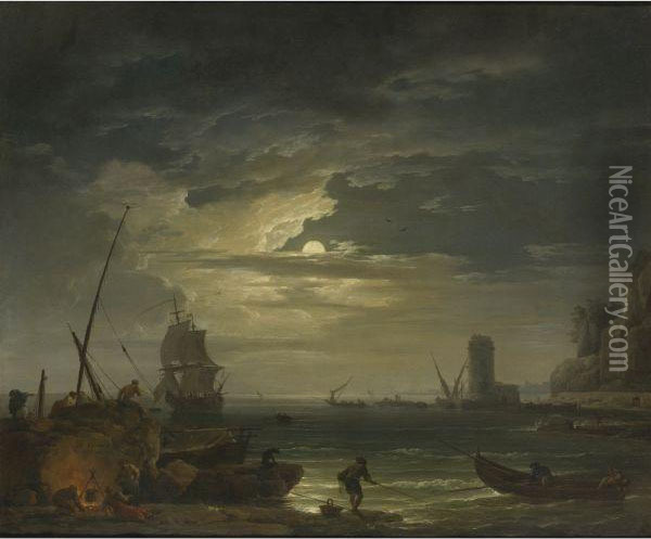 A Mediterranean Inlet By Moonlight Oil Painting - Claude-joseph Vernet