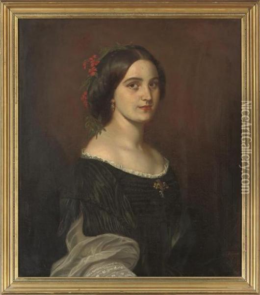 Portrait Of A Lady, Bust-length, In A Black Dress With Lace Trim, Red Flowers In Her Hair Oil Painting - Johann Baptiste Berdelle