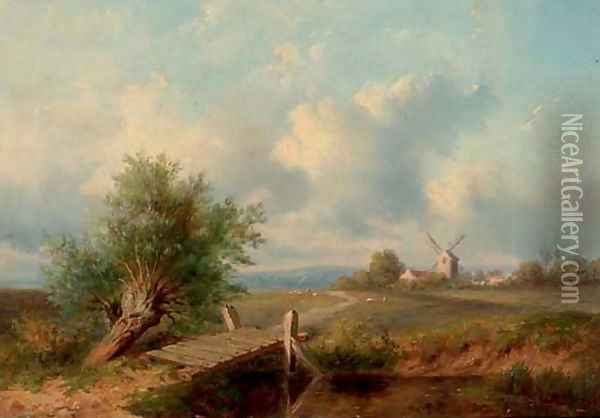 An extensive landscape with a windmill Oil Painting - Dutch School