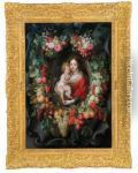 Maria Con Gesu Bambino In Una Corona Di Fiori E Frutta Davanti A Un Festone In Pietra Oil Painting - Frans Ykens