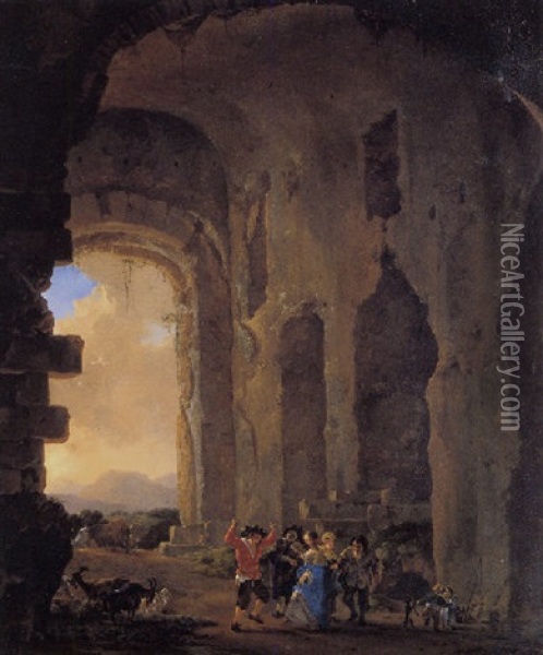 Peasants Merrymaking In A Ruined Building, An Italianate Landscape Beyond Oil Painting - Jan Asselijn