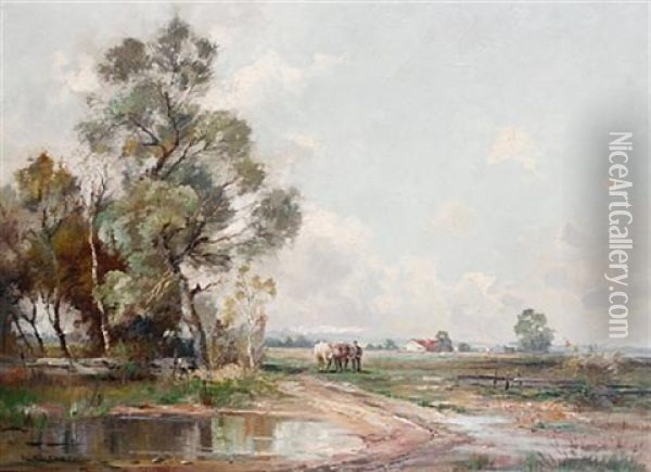 Herdsman And Cattle In An Open Landscape, Schleisheim Oil Painting - Klaus Carl Friedrich Richter
